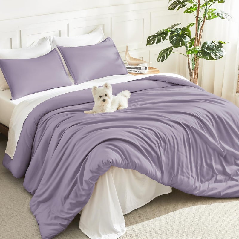 Litanika Grayish Lavender Purple Comforter Set Queen Size, 3 Pieces Lightweight Solid Bedding Comforter Set, All Season Fluffy Bed Set (90x90In Comforter & 2 Pillowcases) - Image 1