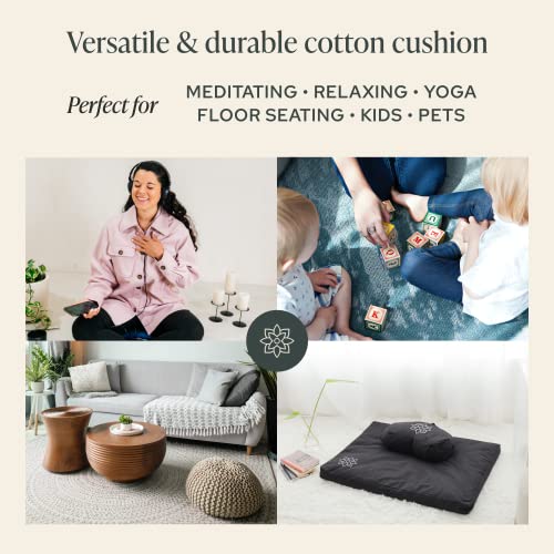 Mindful Modern Large Meditation Cushion | Zafu Yoga Bolster Meditation Floor Pillow Seat | Buckwheat Hull Filled Crescent Shaped Cushion with Removable Washable Cover + Carry Handle (Minimal Black) - Image 5