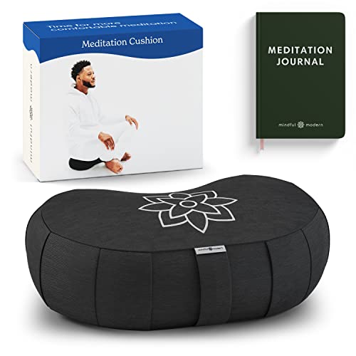 Mindful Modern Large Meditation Cushion | Zafu Yoga Bolster Meditation Floor Pillow Seat | Buckwheat Hull Filled Crescent Shaped Cushion with Removable Washable Cover + Carry Handle (Minimal Black) - Image 1