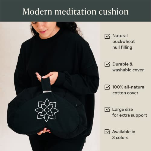 Mindful Modern Large Meditation Cushion | Zafu Yoga Bolster Meditation Floor Pillow Seat | Buckwheat Hull Filled Crescent Shaped Cushion with Removable Washable Cover + Carry Handle (Minimal Black) - Image 3