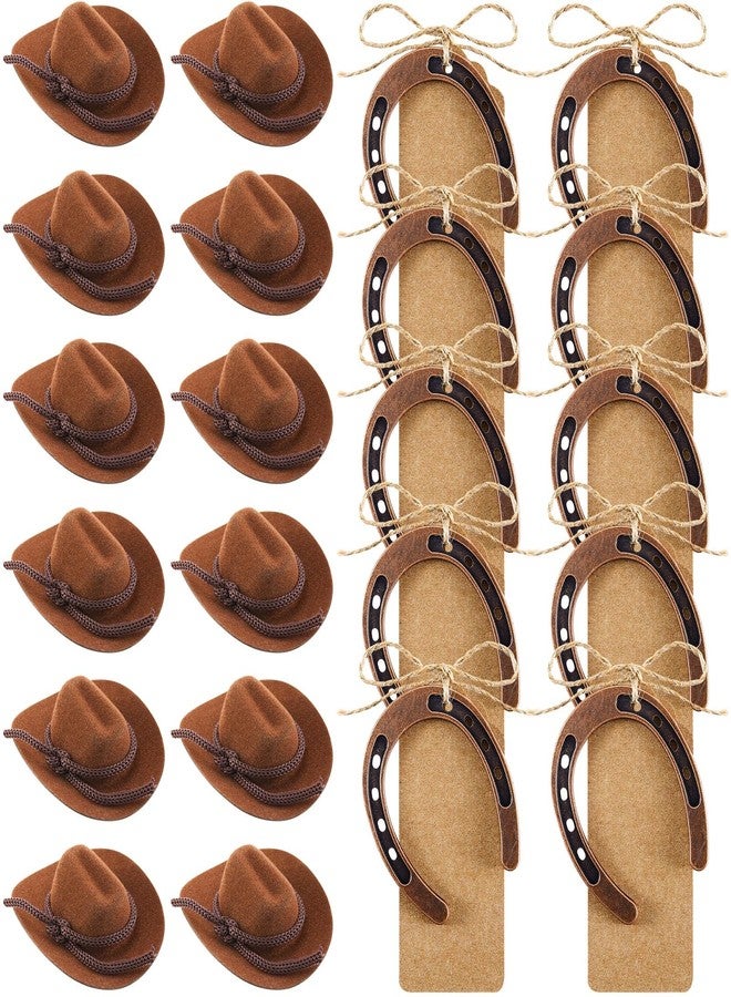 Hercicy 24 Pcs Western Party Decorations 12 Mini Cowboy Hat 12 Good Lucky Horseshoes with Kraft Tag Miniature Centerpiece Decor for Table Birthday Western Party Cowgirl Vintage Wedding Topper - Image 1