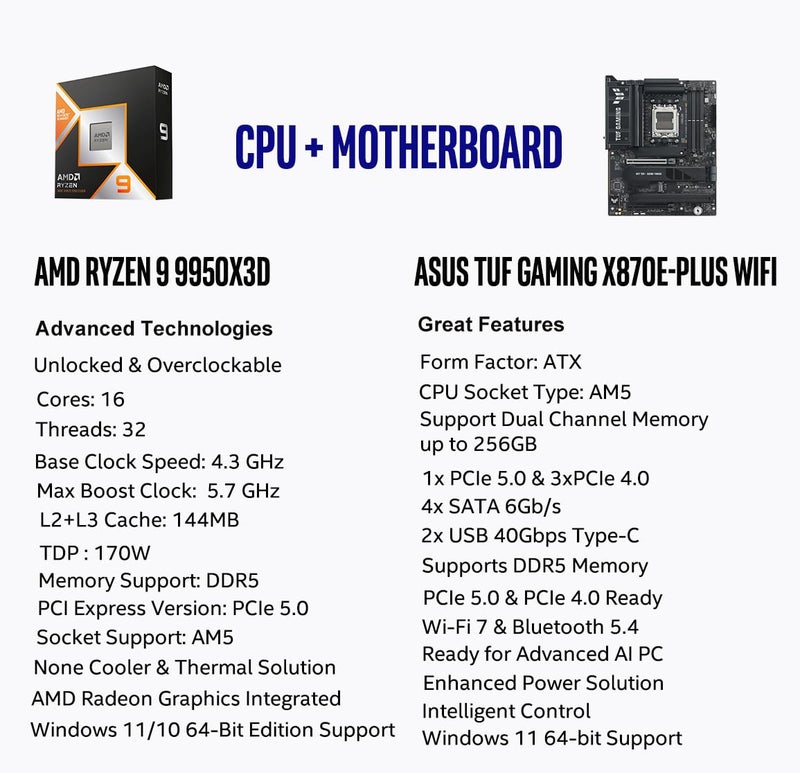 MICRO CENTER AMD Ryzen 9 9950X3D CPU Processor with ASUS TUF Gaming X870E-PLUS WIFI7 ATX Motherboard (DDR5, PCIe 5.0 x16, 4X M.2 Slots, WiFi 7, 2 x Type-C USB4) - Image 2