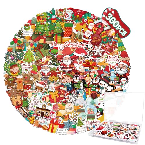 LINAYE 300 PCS Christmas Stickers for Kids NonRepeating Waterproof Adhesive Vinyl Cute Christmas Stickers Pack Bulk Perfect for Party Favors Decorating Gifts - Image 1