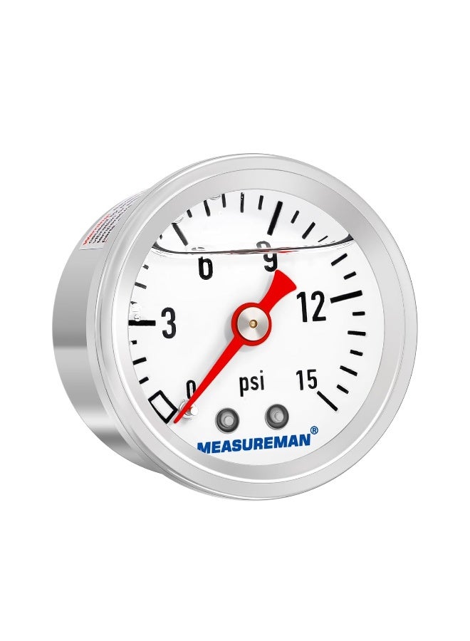 MEASUREMAN 1-1/2" Dial Size, Glycerin Filled Fuel Pressure Gauge, 304 Stainless Steel case, 0-15Psi, 3-2-3%, 1/8" NPT Back Mount - Image 1