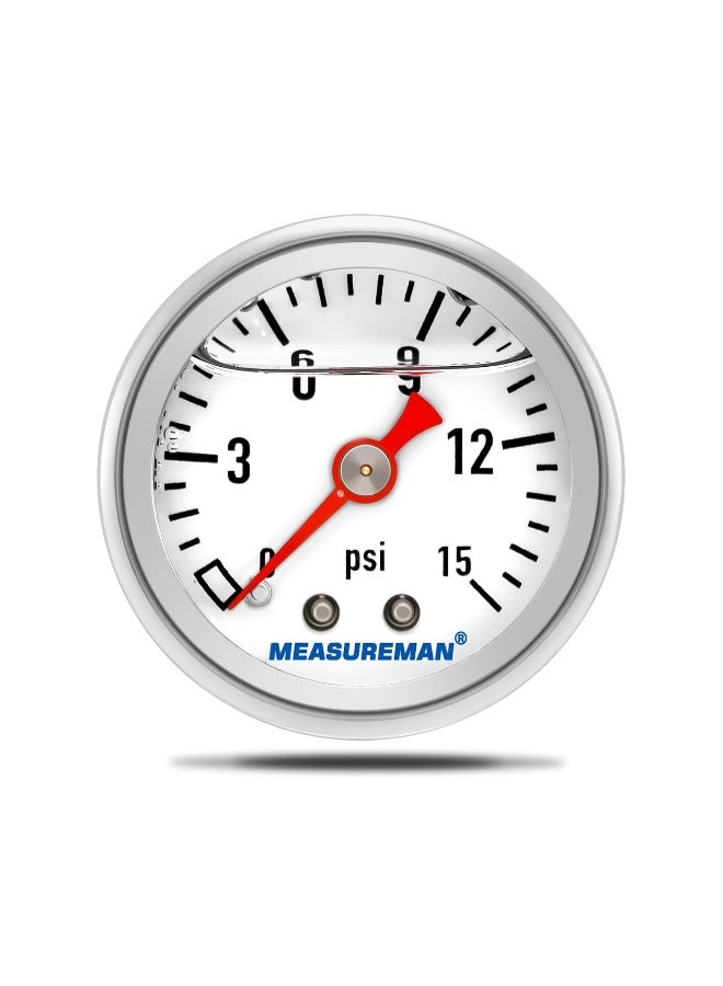MEASUREMAN 1-1/2" Dial Size, Glycerin Filled Fuel Pressure Gauge, 304 Stainless Steel case, 0-15Psi, 3-2-3%, 1/8" NPT Back Mount - Image 2