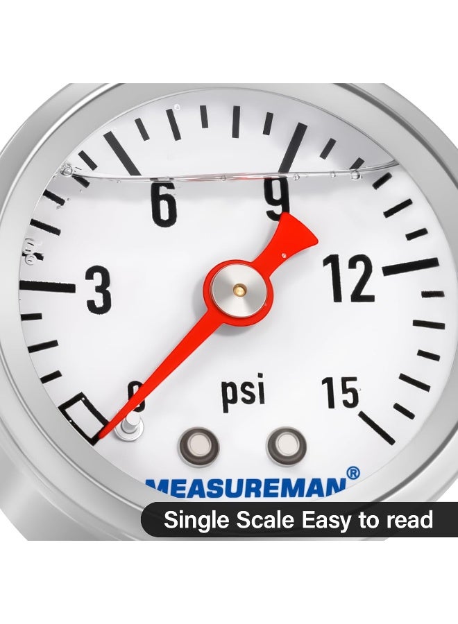 MEASUREMAN 1-1/2" Dial Size, Glycerin Filled Fuel Pressure Gauge, 304 Stainless Steel case, 0-15Psi, 3-2-3%, 1/8" NPT Back Mount - Image 3