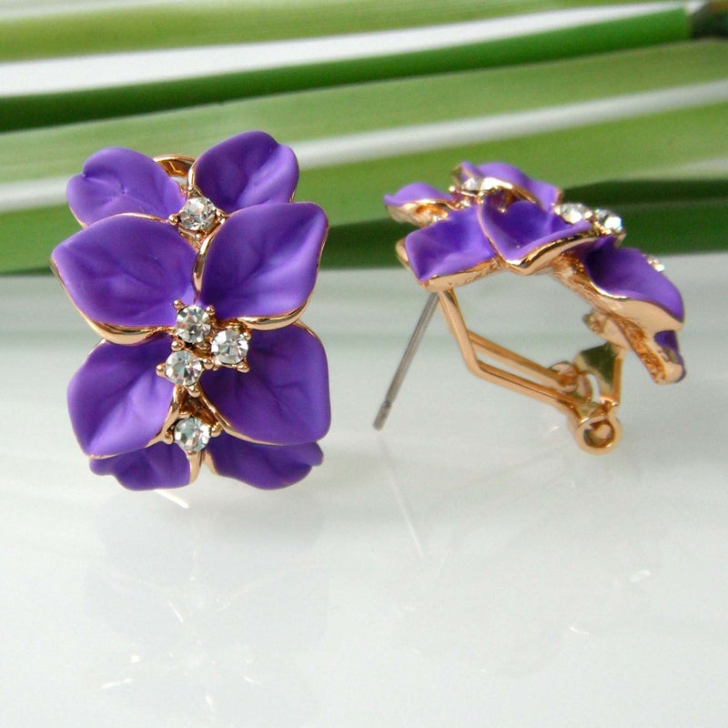 Navachi 18k Gold Plated Crystal Purple Enamel Leaves Flower Omega Earrings - Image 5