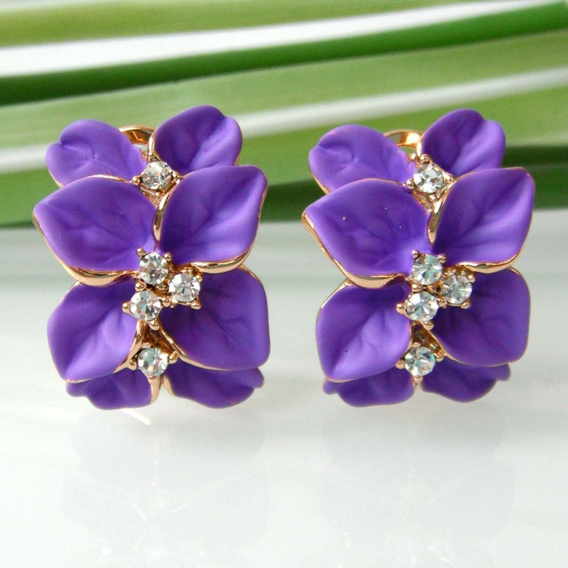 Navachi 18k Gold Plated Crystal Purple Enamel Leaves Flower Omega Earrings - Image 4