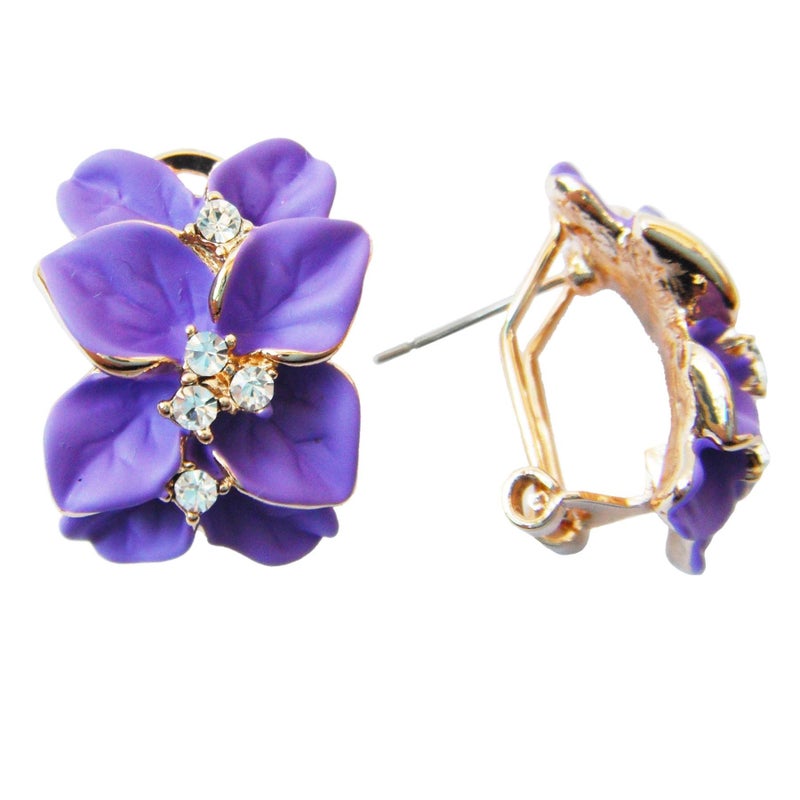 Navachi 18k Gold Plated Crystal Purple Enamel Leaves Flower Omega Earrings - Image 3