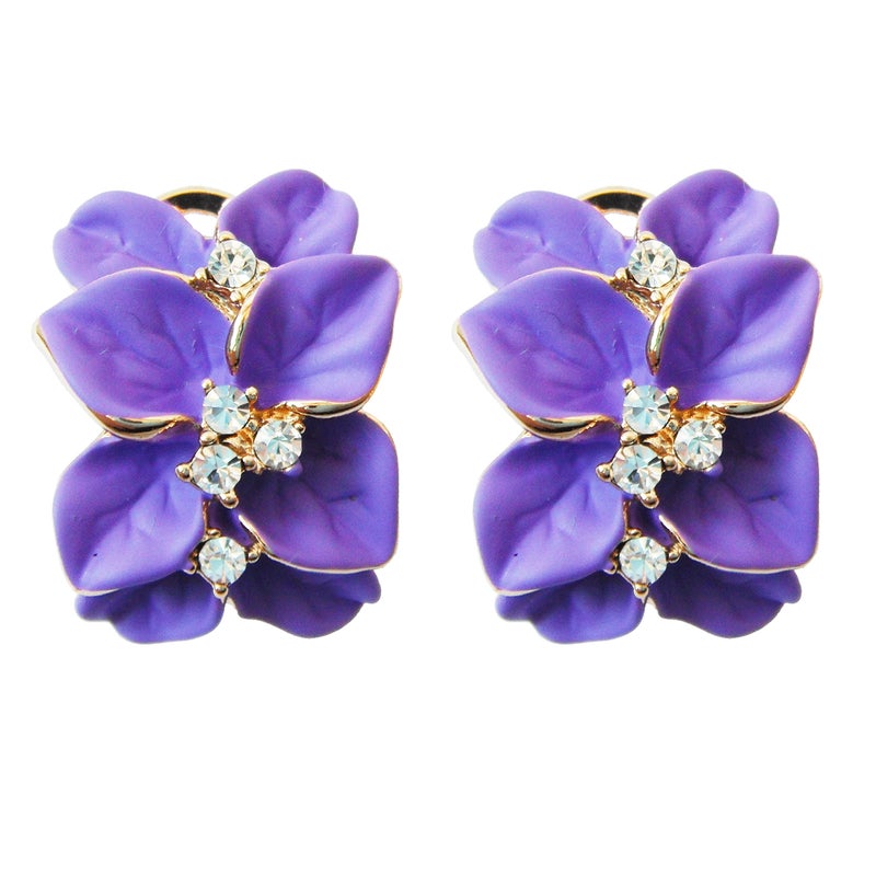 Navachi 18k Gold Plated Crystal Purple Enamel Leaves Flower Omega Earrings - Image 1