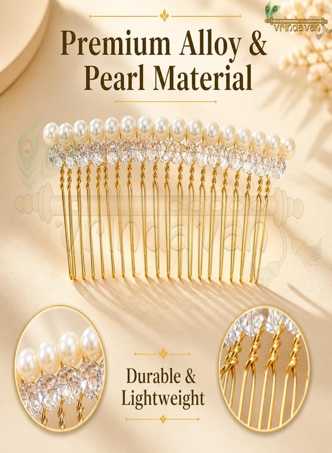 Vrindavanstore.in Pearl Hair Comb for Women | Bridal Bun Accessory with Crystal Rhinestones | Wedding Juda Pin | Elegant Pearl Comb Clip | Bridal Hair Jewelry for Reception, Wedding & Festive Occasions - Image 3