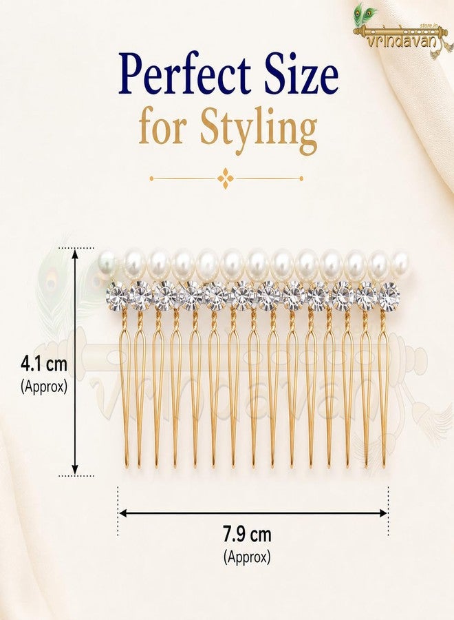 Vrindavanstore.in Pearl Hair Comb for Women | Bridal Bun Accessory with Crystal Rhinestones | Wedding Juda Pin | Elegant Pearl Comb Clip | Bridal Hair Jewelry for Reception, Wedding & Festive Occasions - Image 2