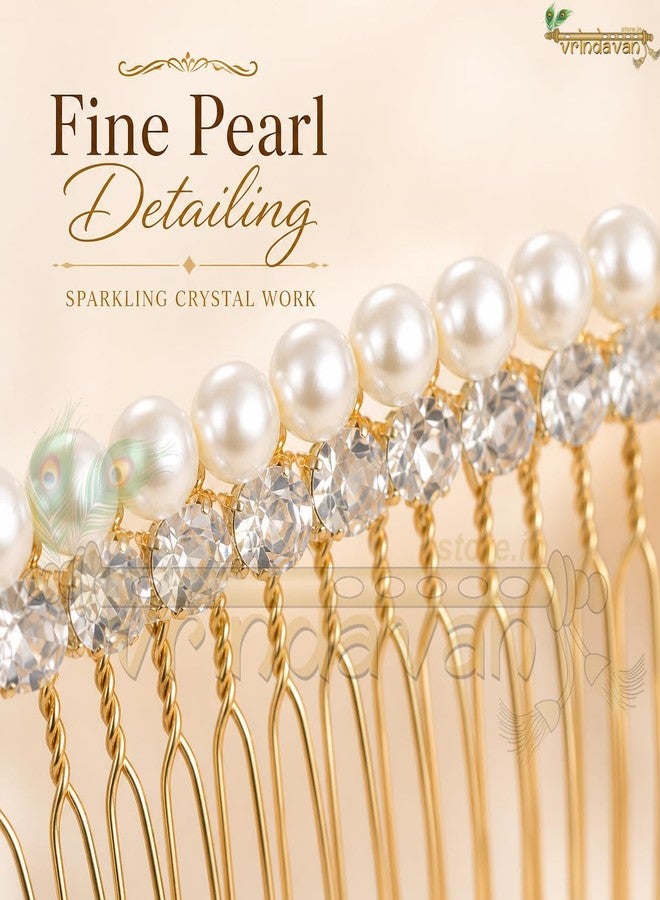 Vrindavanstore.in Pearl Hair Comb for Women | Bridal Bun Accessory with Crystal Rhinestones | Wedding Juda Pin | Elegant Pearl Comb Clip | Bridal Hair Jewelry for Reception, Wedding & Festive Occasions - Image 5