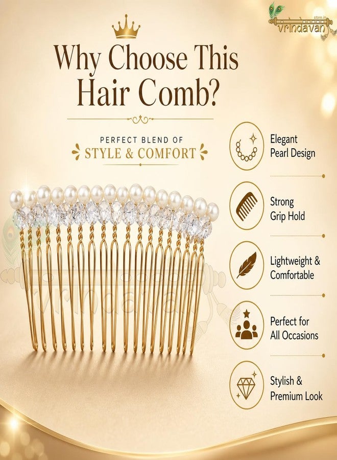 Vrindavanstore.in Pearl Hair Comb for Women | Bridal Bun Accessory with Crystal Rhinestones | Wedding Juda Pin | Elegant Pearl Comb Clip | Bridal Hair Jewelry for Reception, Wedding & Festive Occasions - Image 4