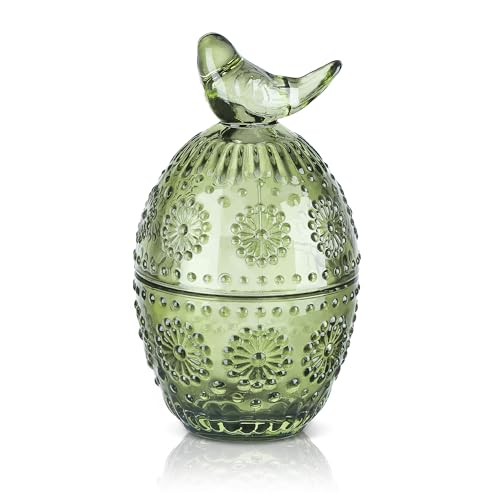 Joeyan Jeoyan Christmas Glass Candy Dish with Bird Lid,Green Decorative Storage Jar,Embossed Apothecary Jewelry Box with Sunflower Pattern,Colored Cookies Containers for Kitchen Bathroom Buffet - Image 1