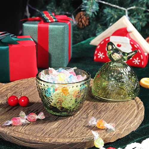 Joeyan Jeoyan Christmas Glass Candy Dish with Bird Lid,Green Decorative Storage Jar,Embossed Apothecary Jewelry Box with Sunflower Pattern,Colored Cookies Containers for Kitchen Bathroom Buffet - Image 3