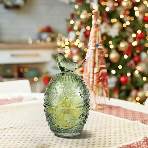 Joeyan Jeoyan Christmas Glass Candy Dish with Bird Lid,Green Decorative Storage Jar,Embossed Apothecary Jewelry Box with Sunflower Pattern,Colored Cookies Containers for Kitchen Bathroom Buffet - Image 5