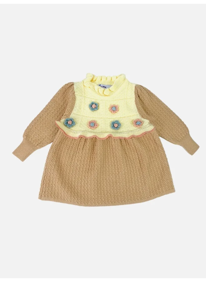 LITTLE SURPRISE BOX Box Brown & Cream Front floral Jacket patterned Knitted Frock Winterwear for girls -2-3Y