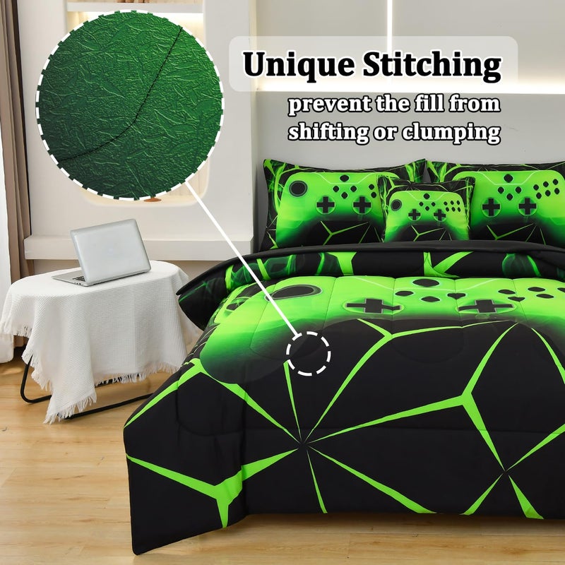 ASKOTU 4 Pcs Gaming Comforter Sets for Boys, Cool Green Lightnings Full Gamer Bedding Set for Boys - Image 5