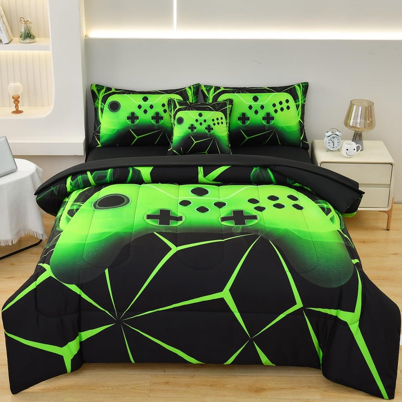 ASKOTU 4 Pcs Gaming Comforter Sets for Boys, Cool Green Lightnings Full Gamer Bedding Set for Boys - Image 1
