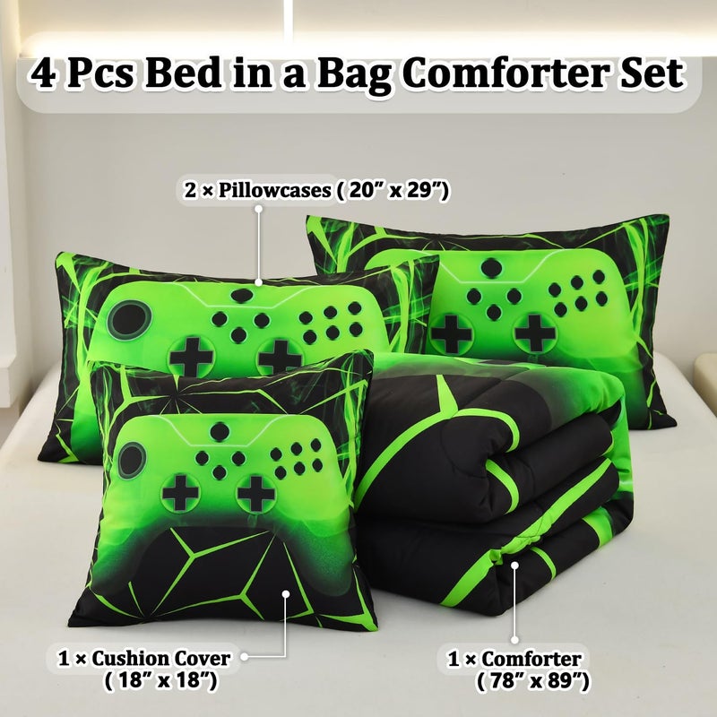 ASKOTU 4 Pcs Gaming Comforter Sets for Boys, Cool Green Lightnings Full Gamer Bedding Set for Boys - Image 2