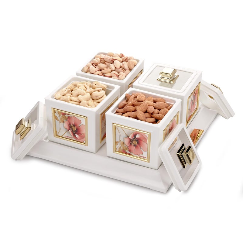 NAYASA Nayasa Mansion Dry Fruit 4 Pc Container Serving Tray Set | 500 ML Each | Multipurpose Plastic Serving Set | Premium Design | BPA Free | Food Grade | Air-Tight Lid | Snack Organizer Tray | White_Red  - Image 1