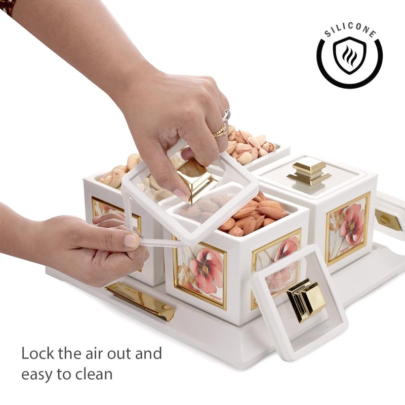 NAYASA Nayasa Mansion Dry Fruit 4 Pc Container Serving Tray Set | 500 ML Each | Multipurpose Plastic Serving Set | Premium Design | BPA Free | Food Grade | Air-Tight Lid | Snack Organizer Tray | White_Red  - Image 3