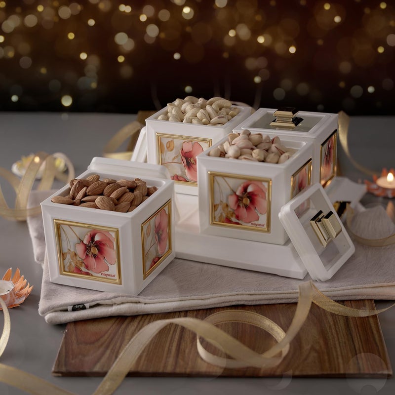 NAYASA Nayasa Mansion Dry Fruit 4 Pc Container Serving Tray Set | 500 ML Each | Multipurpose Plastic Serving Set | Premium Design | BPA Free | Food Grade | Air-Tight Lid | Snack Organizer Tray | White_Red  - Image 5