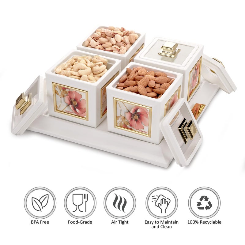 NAYASA Nayasa Mansion Dry Fruit 4 Pc Container Serving Tray Set | 500 ML Each | Multipurpose Plastic Serving Set | Premium Design | BPA Free | Food Grade | Air-Tight Lid | Snack Organizer Tray | White_Red  - Image 4
