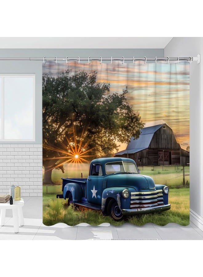 RDRUVA Vintage Truck Shower Curtain Rustic Log Cabin Barn Old Car Sunset Scenic Tree Farm Blue Bathroom Decor Polyester Waterproof Machine Washable with Hooks 70 x 70 in - Image 1