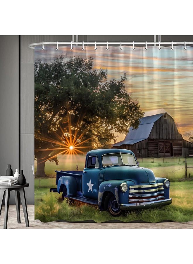 RDRUVA Vintage Truck Shower Curtain Rustic Log Cabin Barn Old Car Sunset Scenic Tree Farm Blue Bathroom Decor Polyester Waterproof Machine Washable with Hooks 70 x 70 in - Image 2