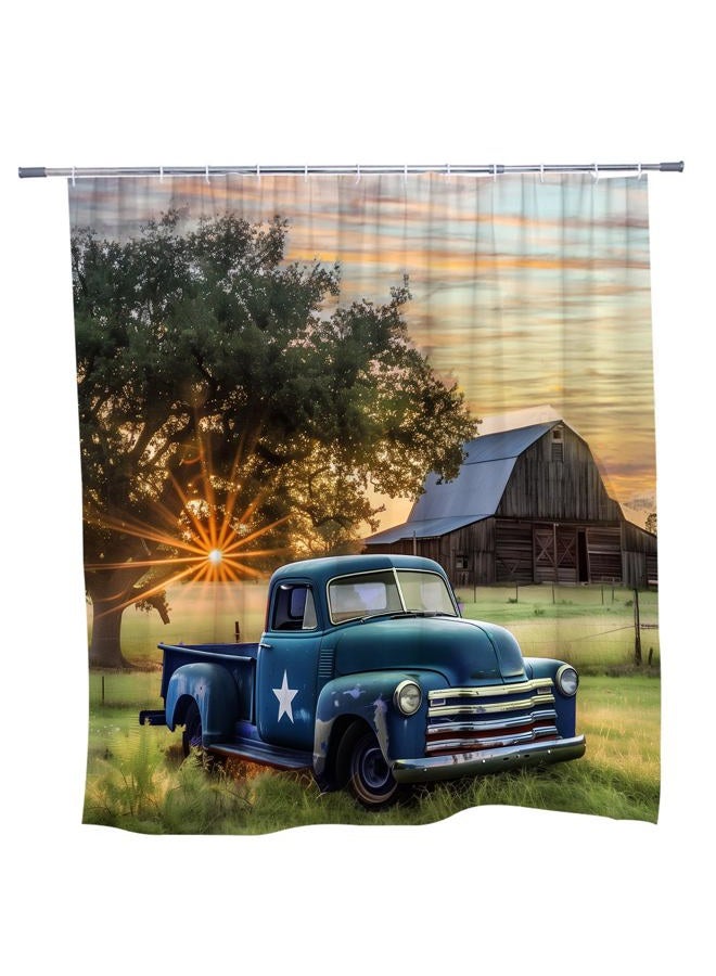RDRUVA Vintage Truck Shower Curtain Rustic Log Cabin Barn Old Car Sunset Scenic Tree Farm Blue Bathroom Decor Polyester Waterproof Machine Washable with Hooks 70 x 70 in - Image 4
