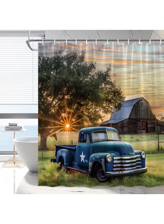 RDRUVA Vintage Truck Shower Curtain Rustic Log Cabin Barn Old Car Sunset Scenic Tree Farm Blue Bathroom Decor Polyester Waterproof Machine Washable with Hooks 70 x 70 in - Image 3