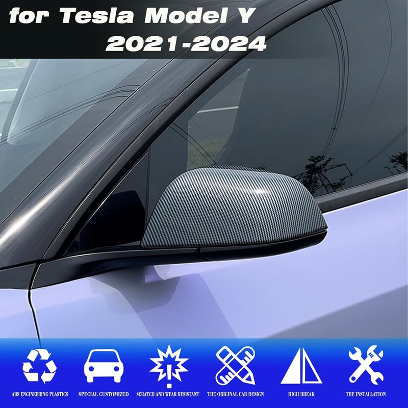 XTnueotr Rearview Mirror Guard Cover for Tesla Model Y 2021-2024 - Gloss Carbon Fiber Pattern - Image 3