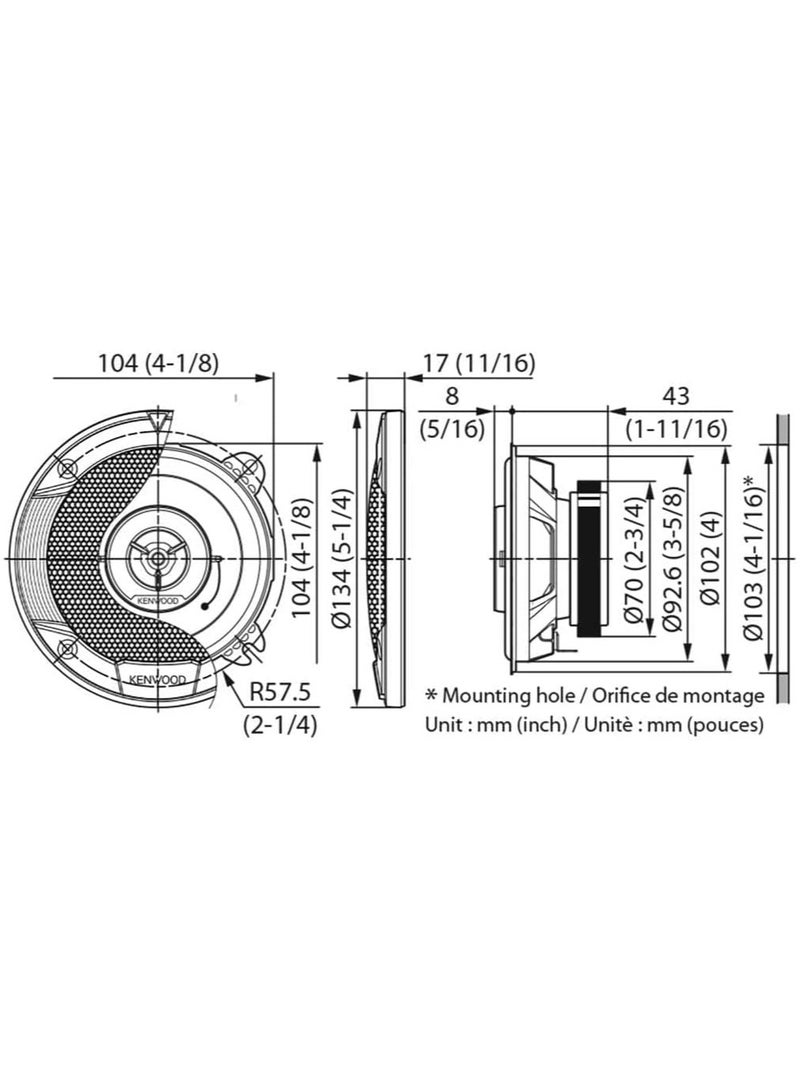 KENWOOD Kenwood Car Audio KFC-S1066 Stage Sound Series 10cm Flush Mount 2-Way 2-Speaker System 220w, Black  - Image 3