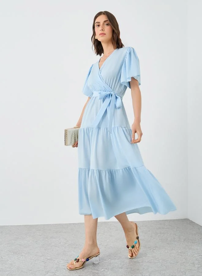 Take Two Take Two Short Sleeve Bow Detail Tiered A-Line Midi Dress