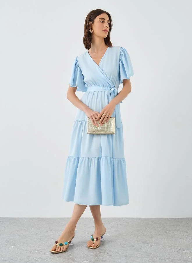 Take Two Take Two Short Sleeve Bow Detail Tiered A-Line Midi Dress