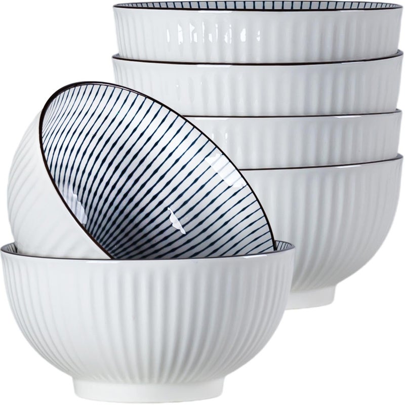 Houlu 6 in Small Japanese Bowls Set of 6, Versatile 30 oz Blue and White Porcelain Bowls for Soup, Cereal, Salad, Desserts, and Side Dishes - Striped Pattern - Image 1
