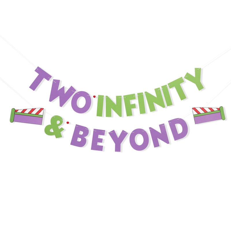 LINGANA Two Infinity and Beyond Toy Theme Cartoon Story Banner,Buzz Lightyear 2nd Birthday Decorations,Infinity & Beyond Party Photo Props,2nd Birthday Banner,Buzz Astronaut Space Travel Party Supplies - Image 1