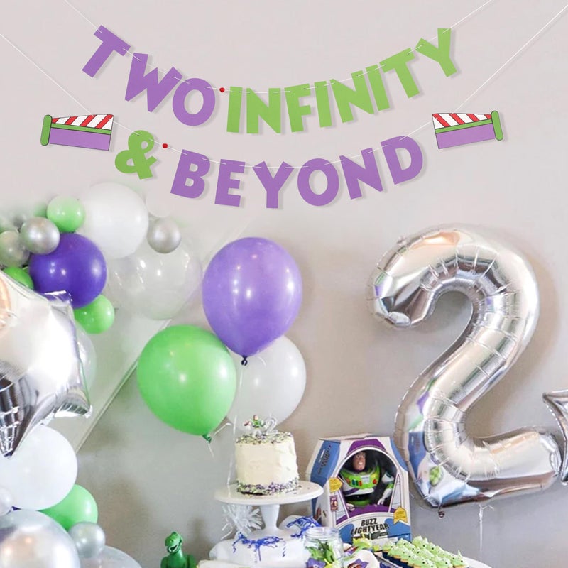 LINGANA Two Infinity and Beyond Toy Theme Cartoon Story Banner,Buzz Lightyear 2nd Birthday Decorations,Infinity & Beyond Party Photo Props,2nd Birthday Banner,Buzz Astronaut Space Travel Party Supplies - Image 2
