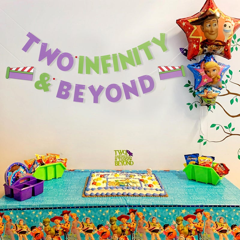 LINGANA Two Infinity and Beyond Toy Theme Cartoon Story Banner,Buzz Lightyear 2nd Birthday Decorations,Infinity & Beyond Party Photo Props,2nd Birthday Banner,Buzz Astronaut Space Travel Party Supplies - Image 3