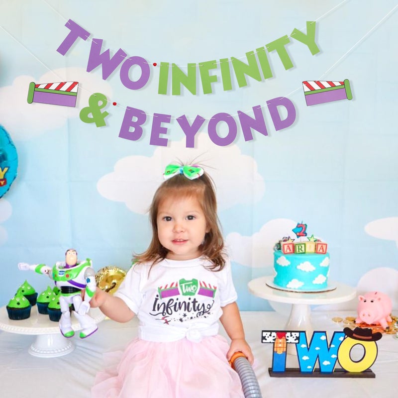 LINGANA Two Infinity and Beyond Toy Theme Cartoon Story Banner,Buzz Lightyear 2nd Birthday Decorations,Infinity & Beyond Party Photo Props,2nd Birthday Banner,Buzz Astronaut Space Travel Party Supplies - Image 4