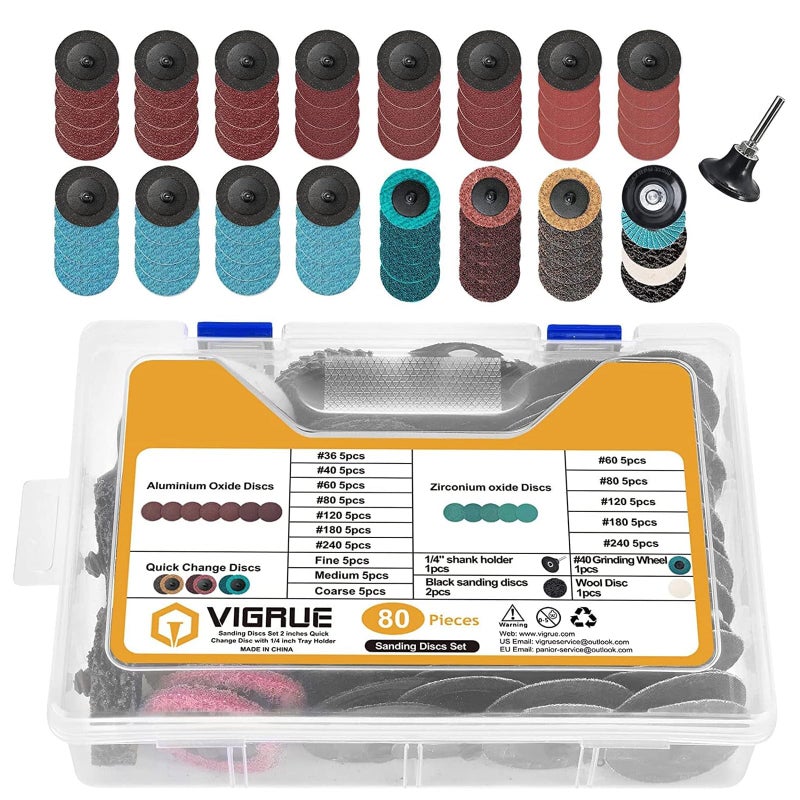 VIGRUE 2 Inch Sanding Discs Set, Die Grinder Pad for Drill Die Grinder Accessories with 1/4" Shank Holder for Grind Polish Burr Finish Rust Paint Removal, Quick Change Discs - Image 1