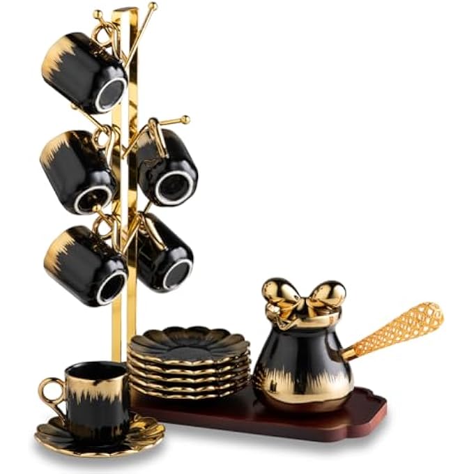 ريحني طقم شاي تركي من الخزف مكون من 6 أكواب وصحون قهوة قابلة للتكديس، أكواب إسبريسو ديميتاس قديمة أطقم إبريق وأكواب عربية مخصصة للإسبريسولاتشاي القهوة التركية السوداء - Image 2