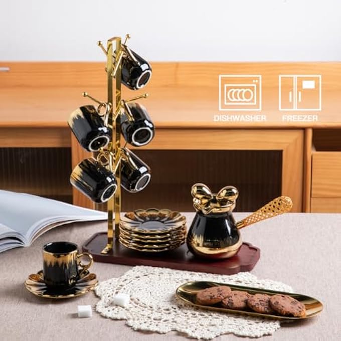 ريحني طقم شاي تركي من الخزف مكون من 6 أكواب وصحون قهوة قابلة للتكديس، أكواب إسبريسو ديميتاس قديمة أطقم إبريق وأكواب عربية مخصصة للإسبريسولاتشاي القهوة التركية السوداء - Image 3