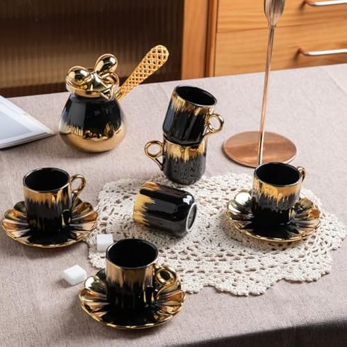 ريحني طقم شاي تركي من الخزف مكون من 6 أكواب وصحون قهوة قابلة للتكديس، أكواب إسبريسو ديميتاس قديمة أطقم إبريق وأكواب عربية مخصصة للإسبريسولاتشاي القهوة التركية السوداء - Image 5