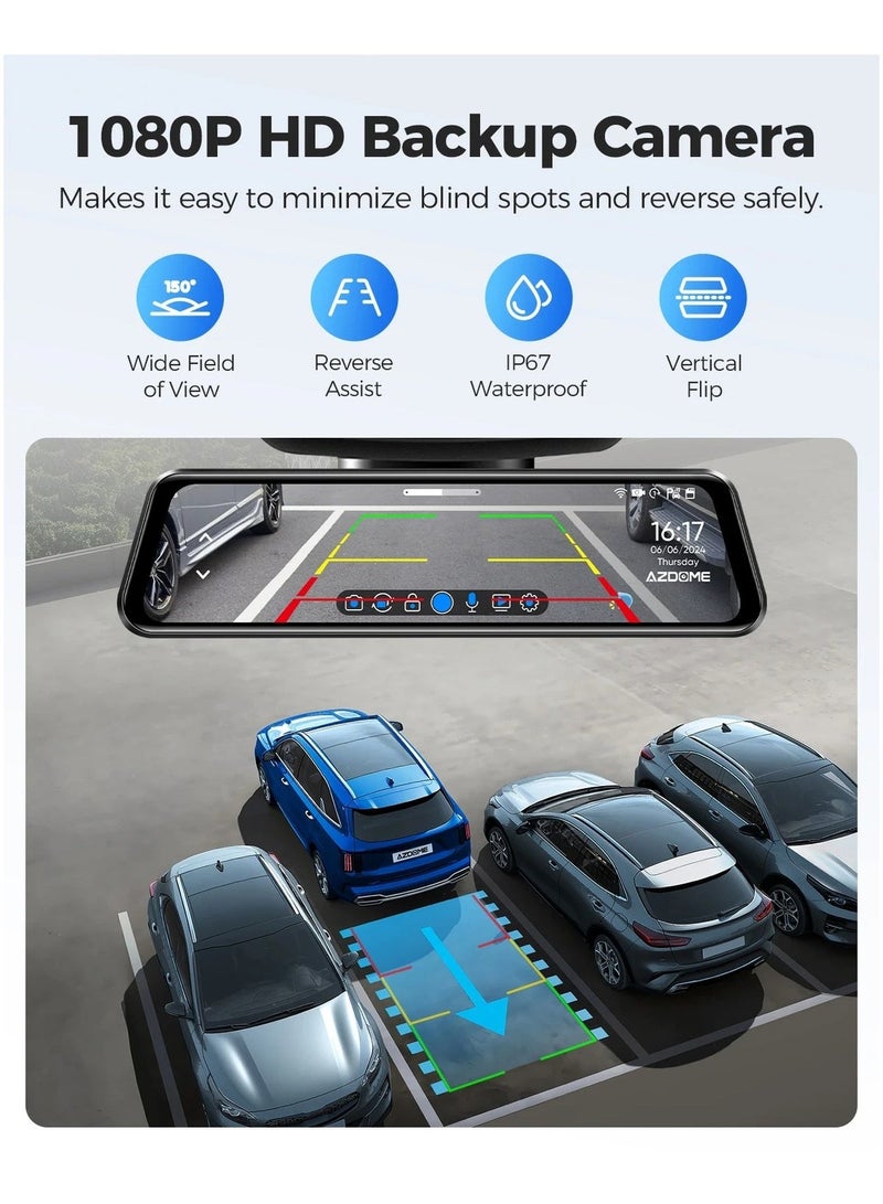 AZDOME PG17 Max12" WiFi Mirror Dash Cam 4K Front and 1080P Rear View Mirror Camera for Cars Dual Camera Waterproof Backup Camera - Image 4