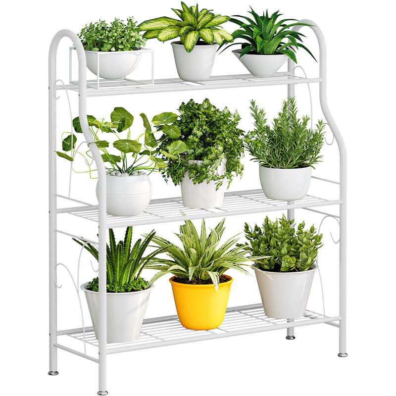 SORCEDAS Plant Stand Indoor Outdoor Plant Stands 3 Tier Metal Corner Plant Shelf Multiple Holder for Living Room Balcony Garden White