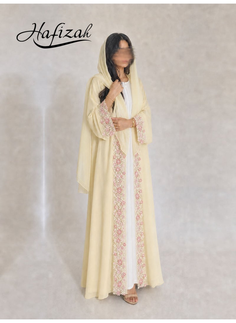 Hafizah Women's 2-Piece Open Abaya Set with Floral Crochet Lace and Matching Hijab, Wide Sleeve - Image 1