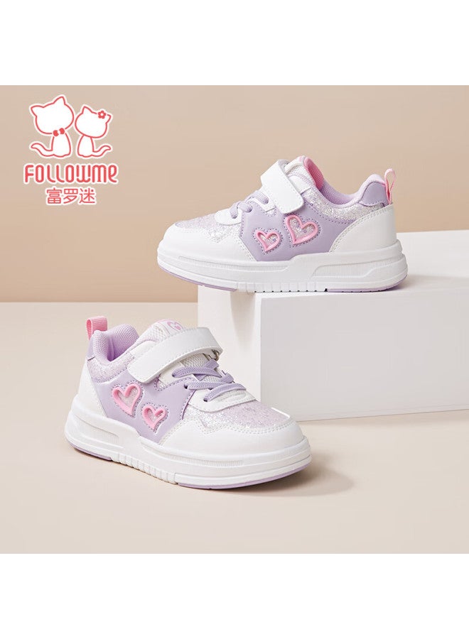 Follow Me Girls' Casual Sneakers Spring Autumn Breathable Soft Sole Non-slip Sports Shoes White/purple Size 33